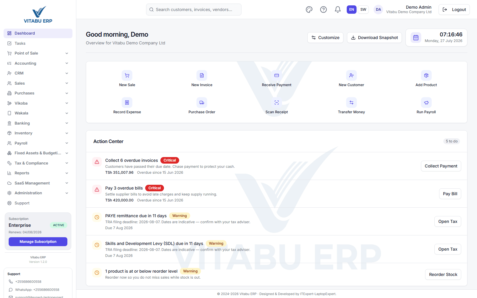 Vitabu ERP dashboard