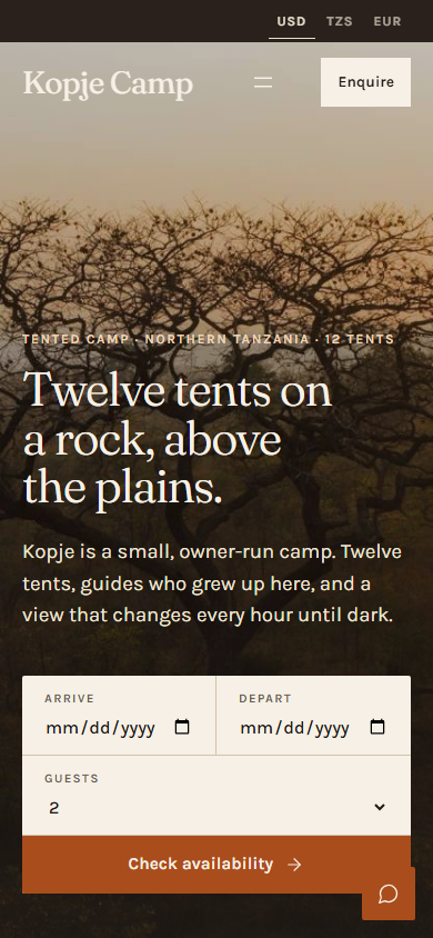 Kopje homepage on mobile