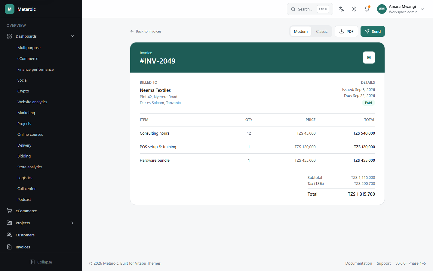 Metaroic Invoice view