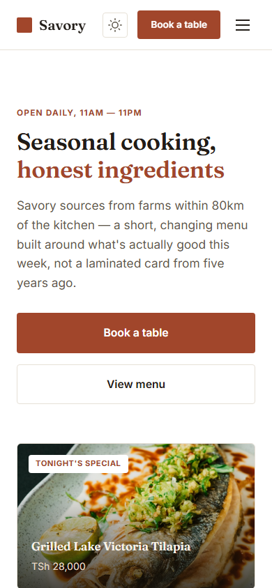 Savory homepage on mobile