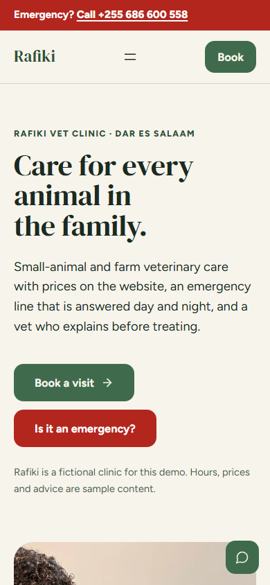 Vetra homepage on mobile