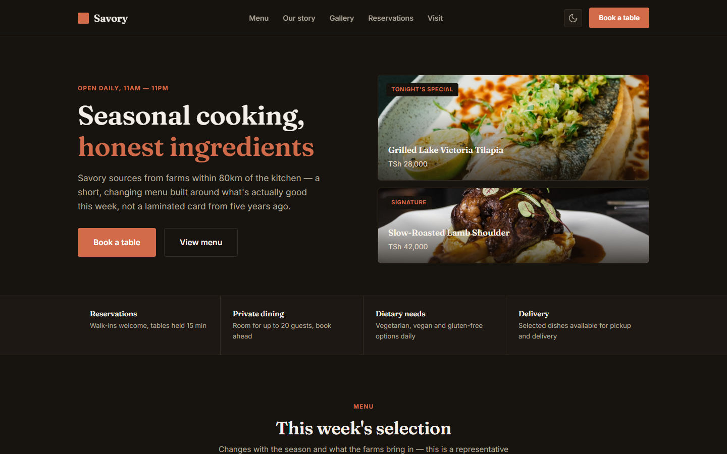 Savory homepage in dark mode