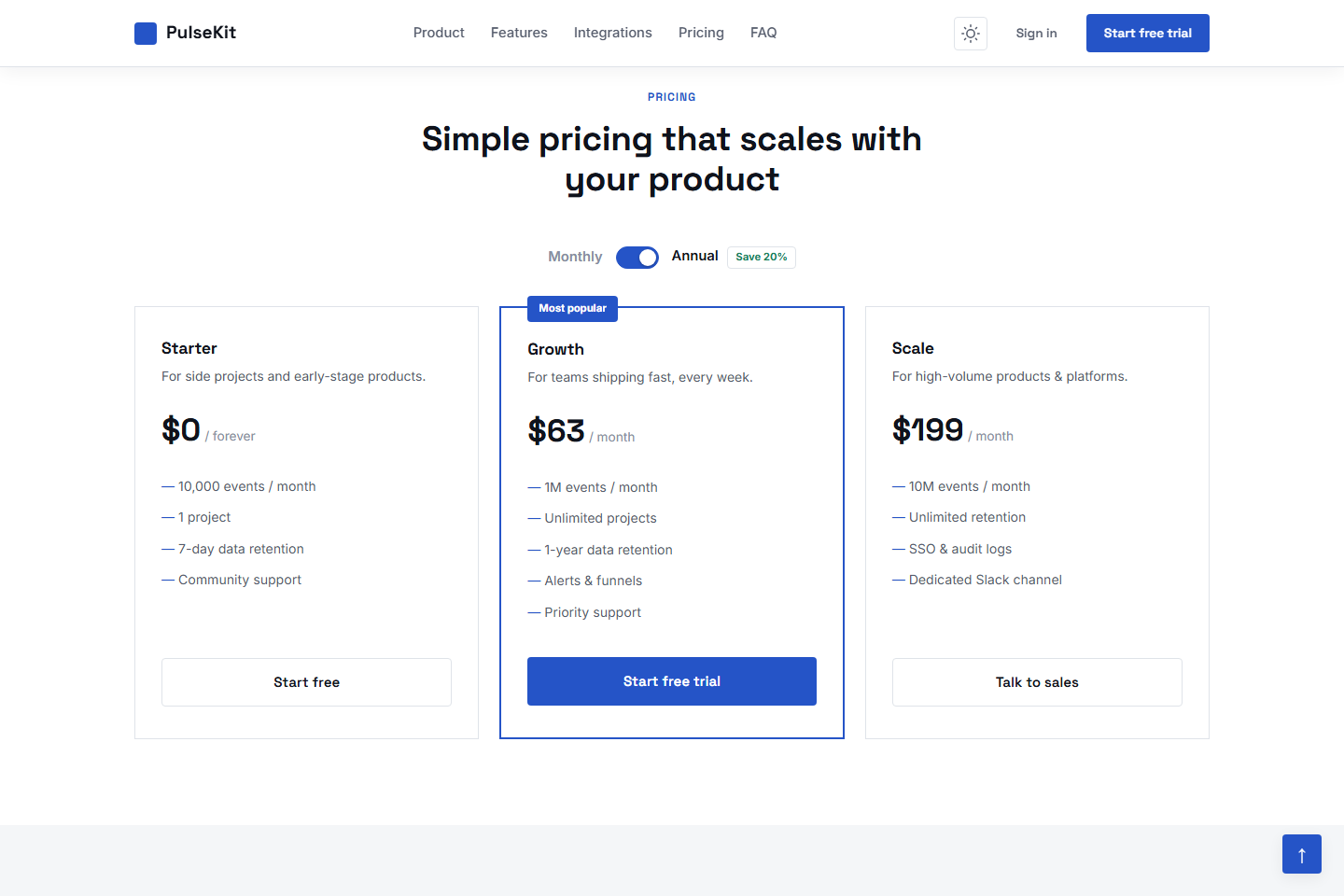 PulseKit pricing section with annual billing toggle