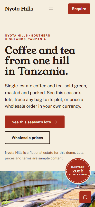 Terroir homepage on mobile