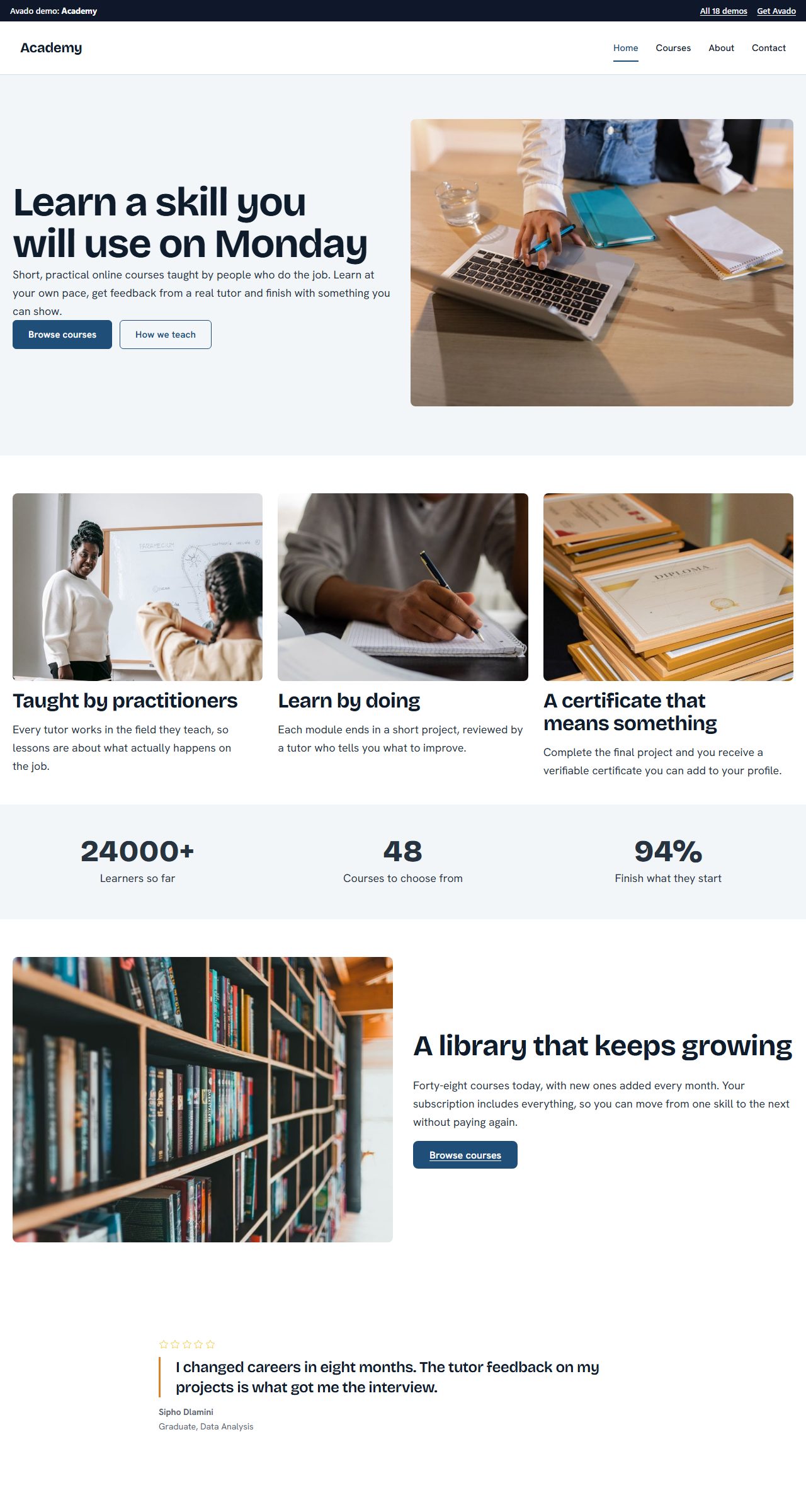 The Academy demo: an online course provider site