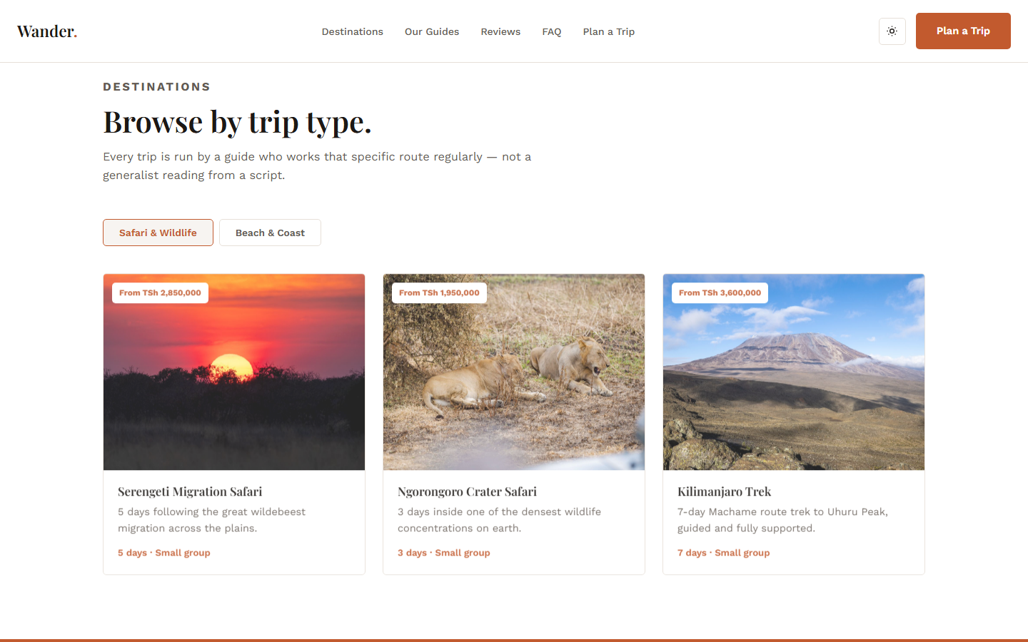 Safari and beach destination cards
