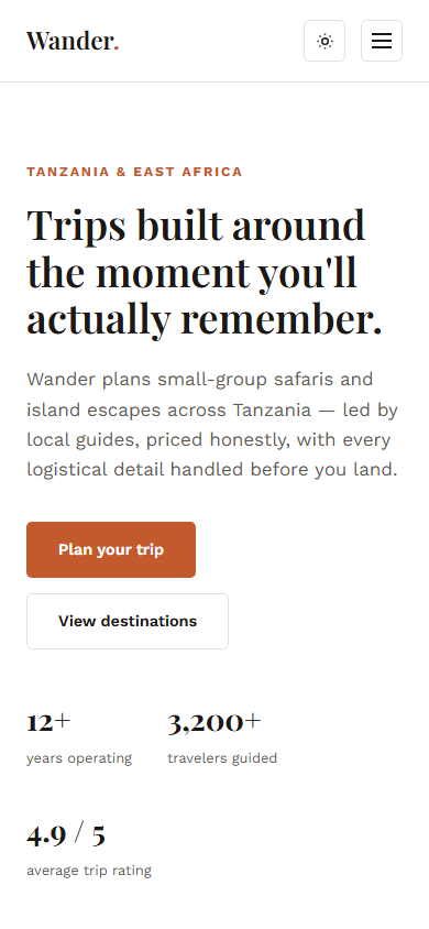Wander homepage on mobile