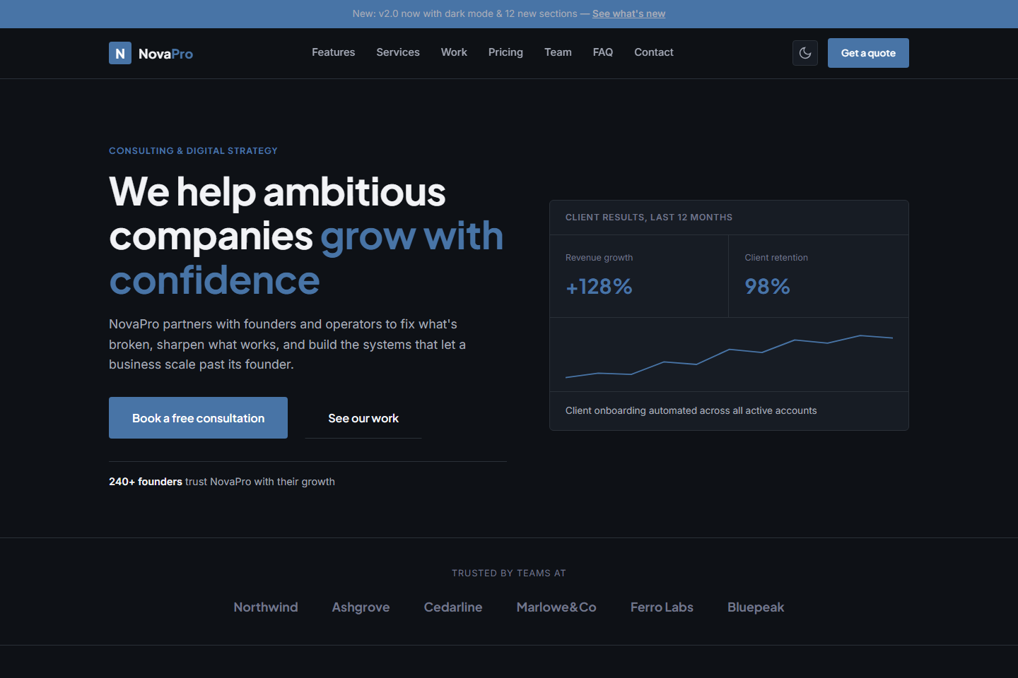 NovaPro hero section in dark mode