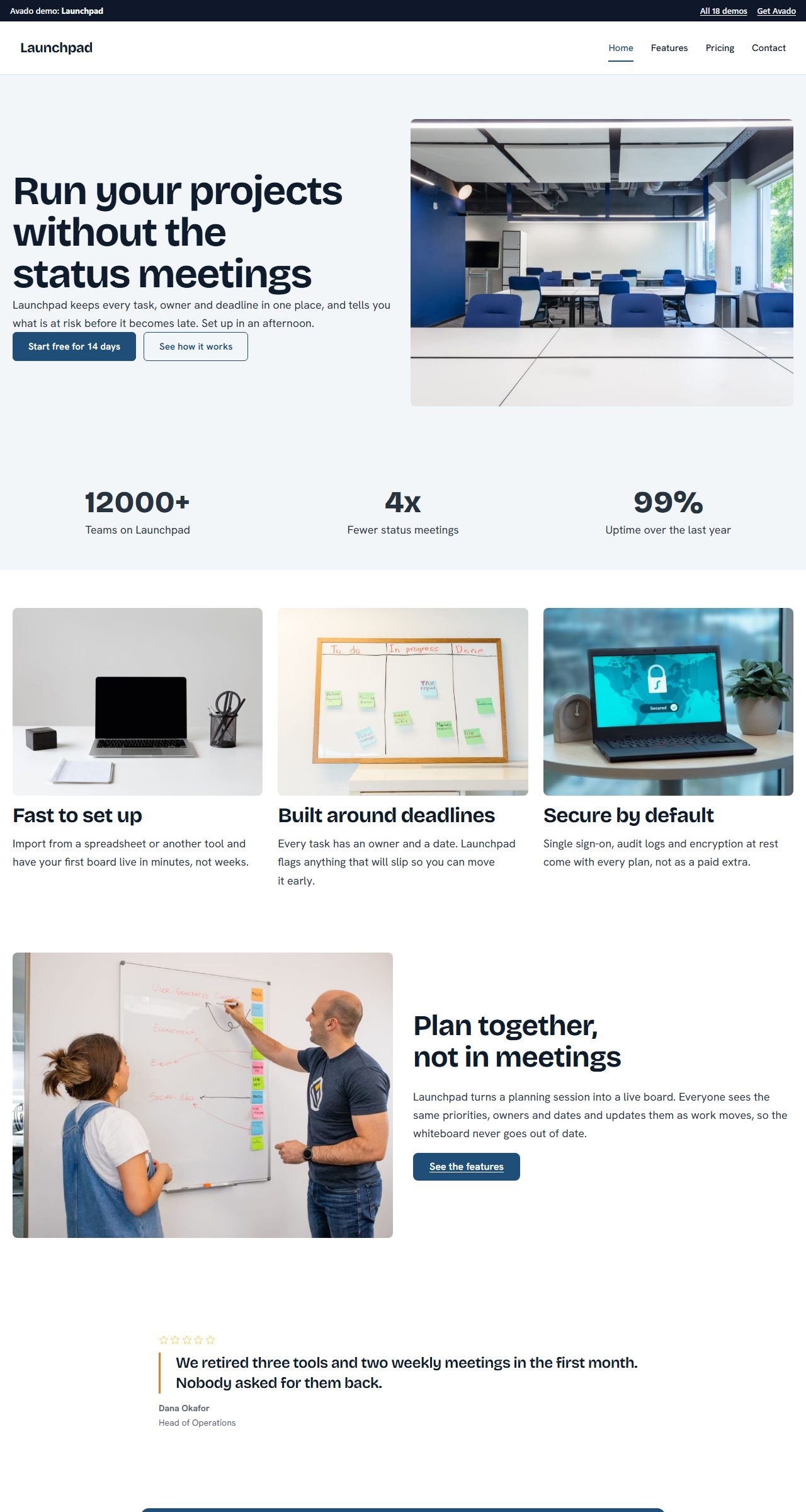 The Launchpad demo: a software product site with pricing