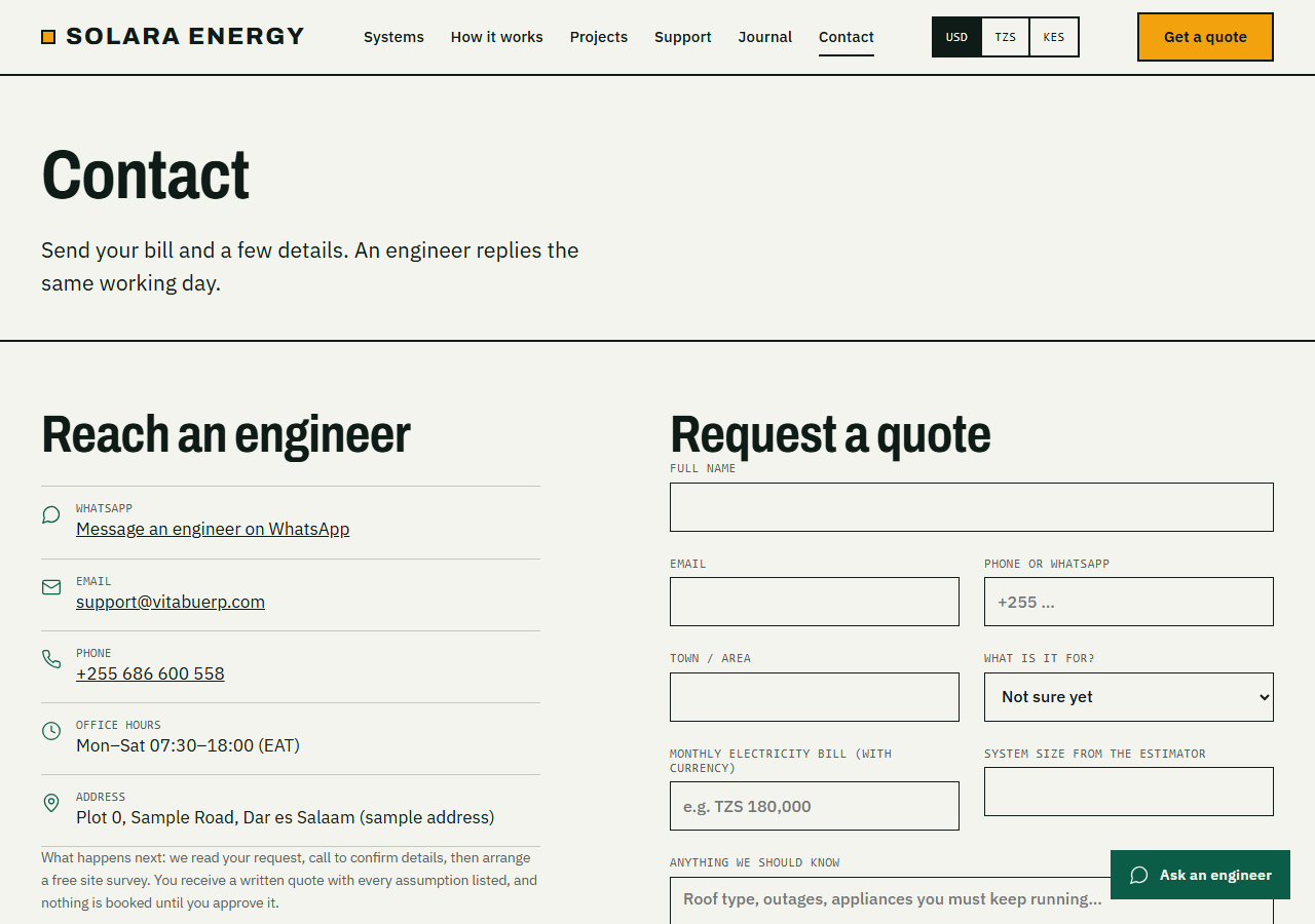 Solara contact page
