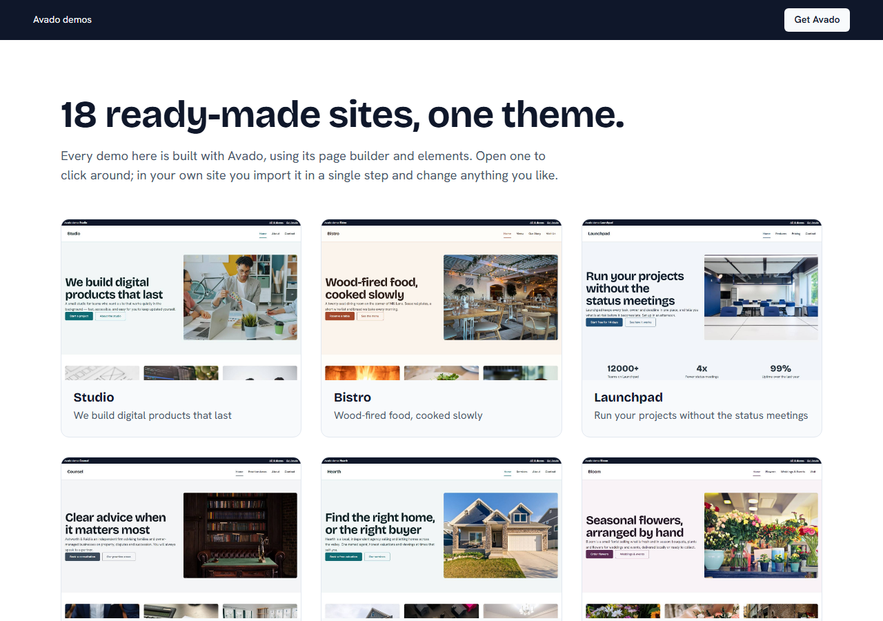The Avado demo index: eighteen ready-made sites to open and click through