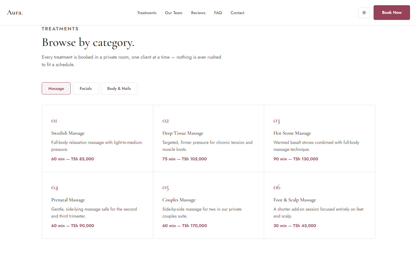 Category-tabbed treatments menu