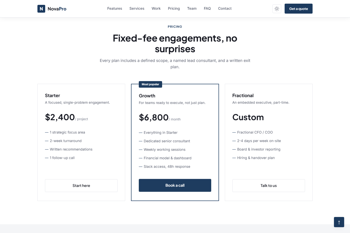 NovaPro pricing section