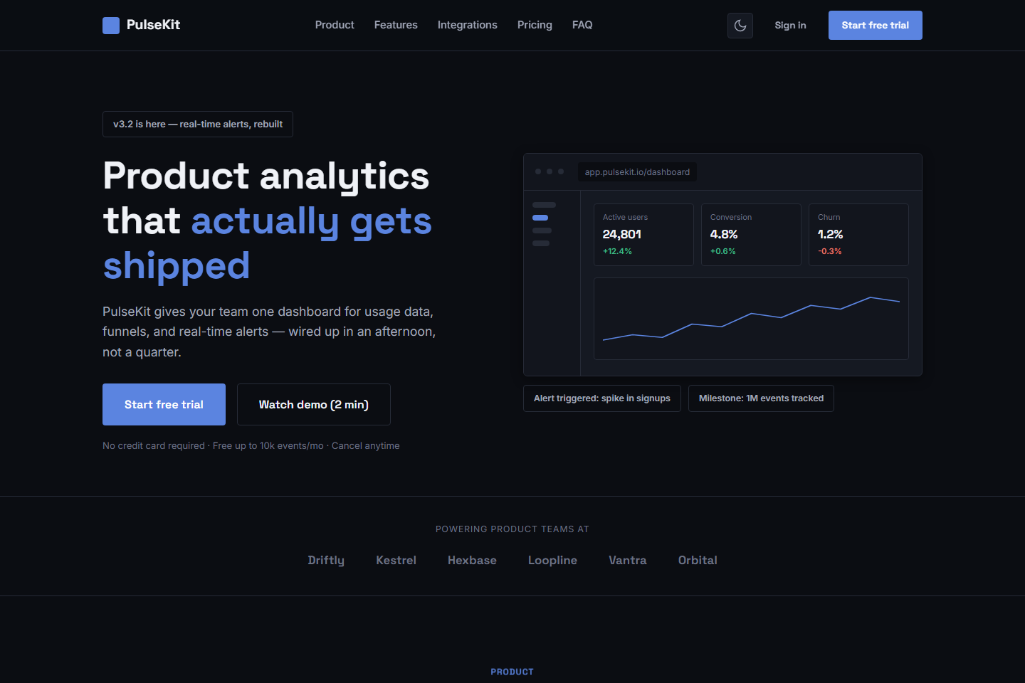 PulseKit hero section in dark mode