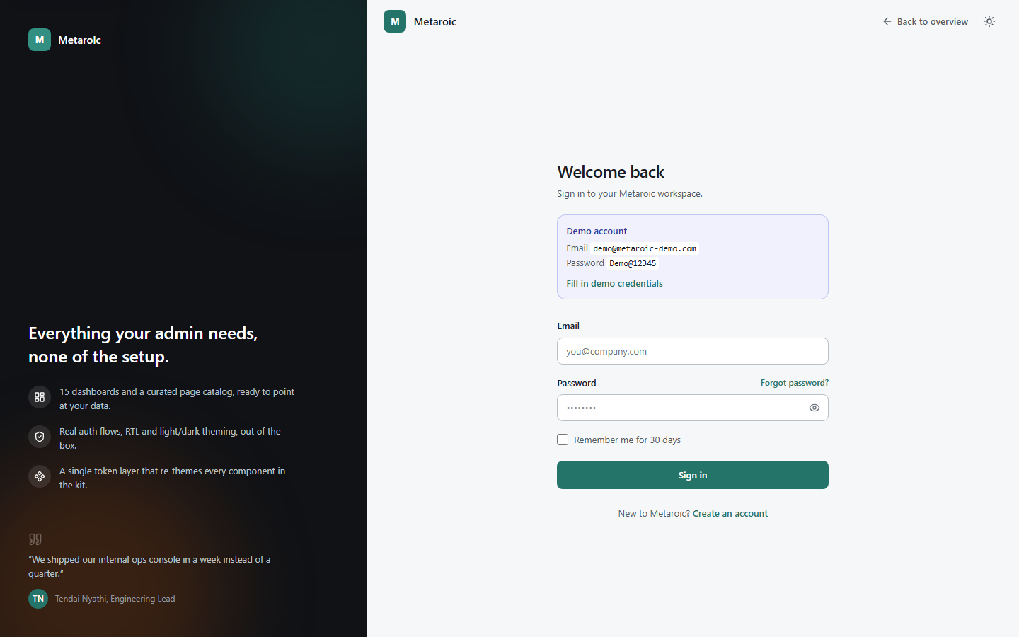 Metaroic Sign-in page with demo account