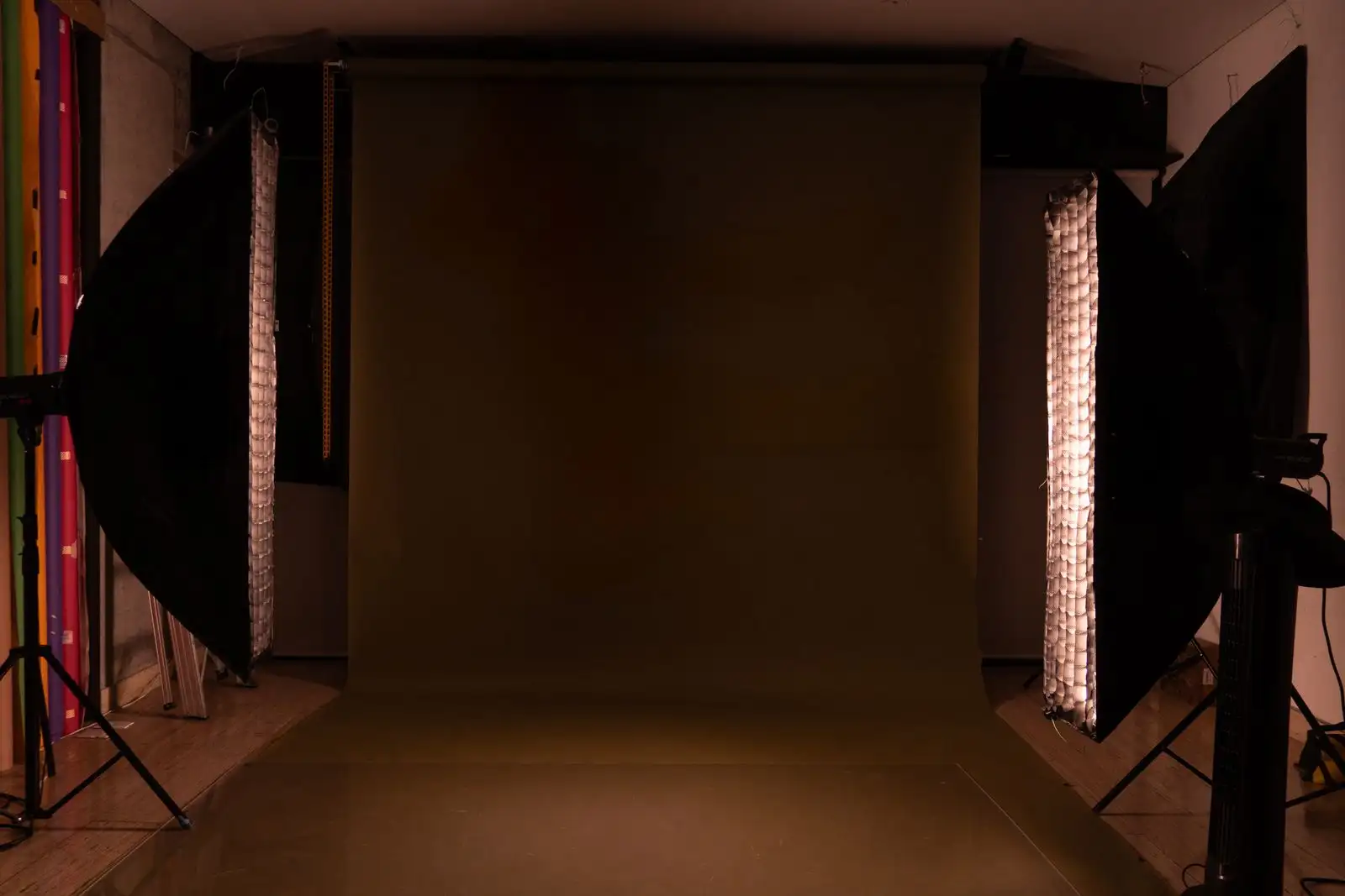 An empty photography studio with a plain backdrop and two strip-light softboxes on stands