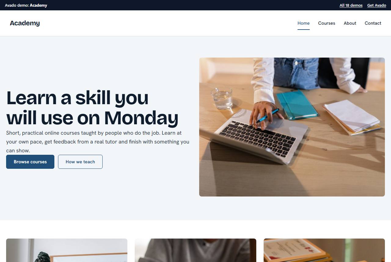 Home page of the Academy demo