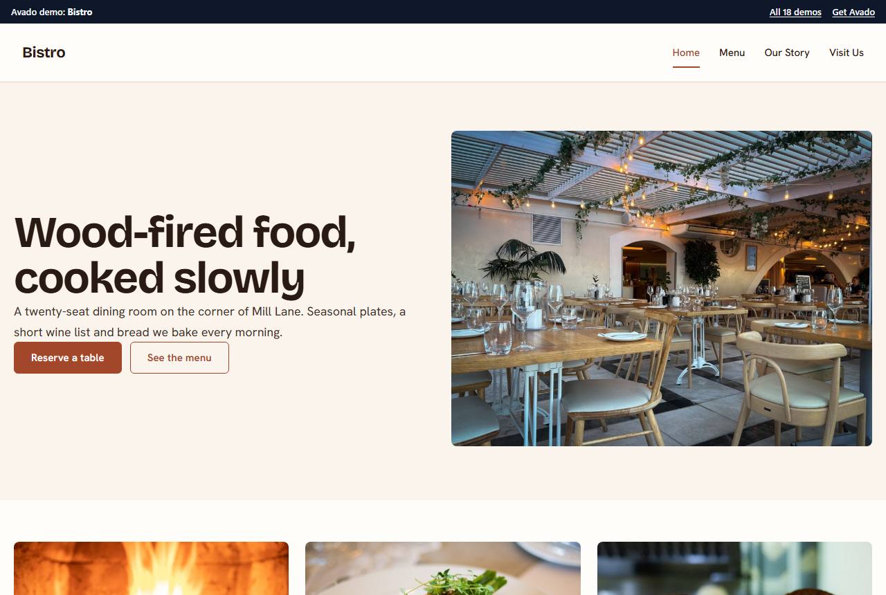 Home page of the Bistro demo