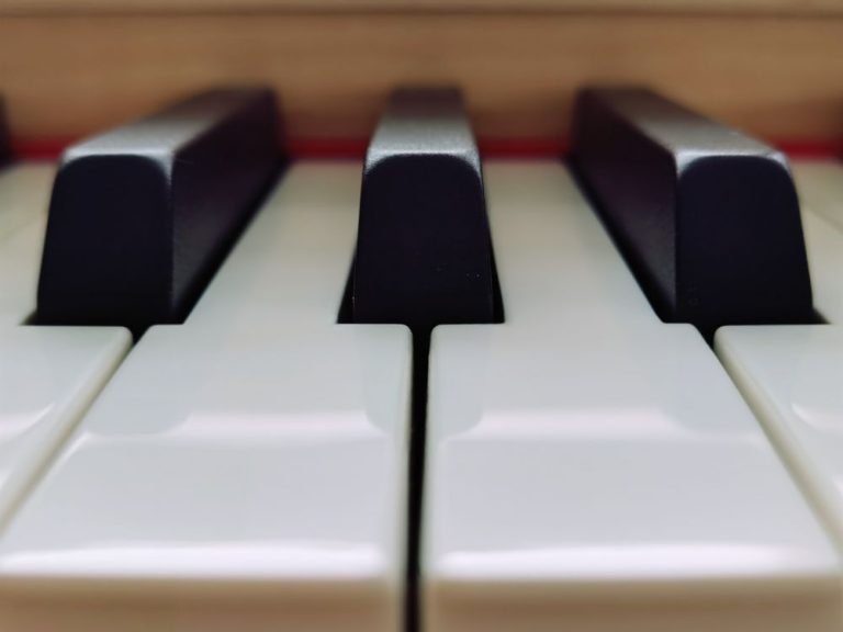 Close-up of piano keys in soft light