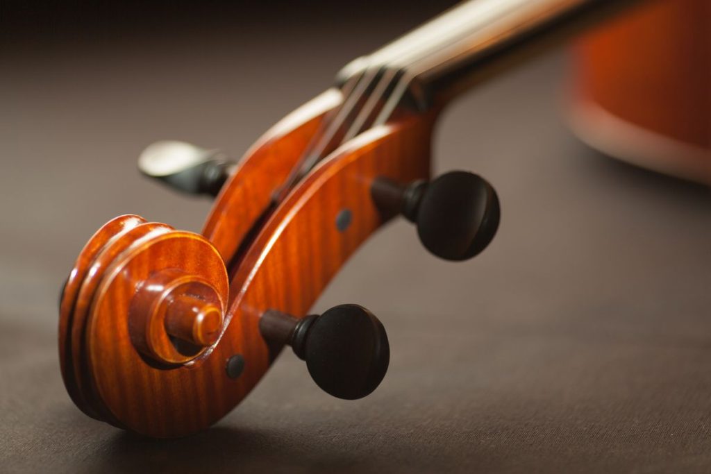The scroll and strings of a violin, close up