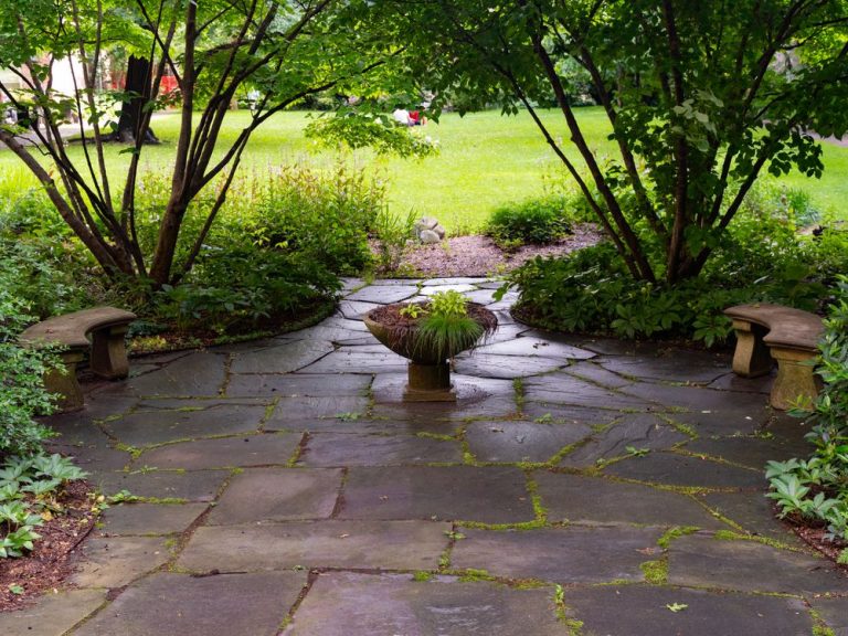 A stone patio with a bench in a shaded garden