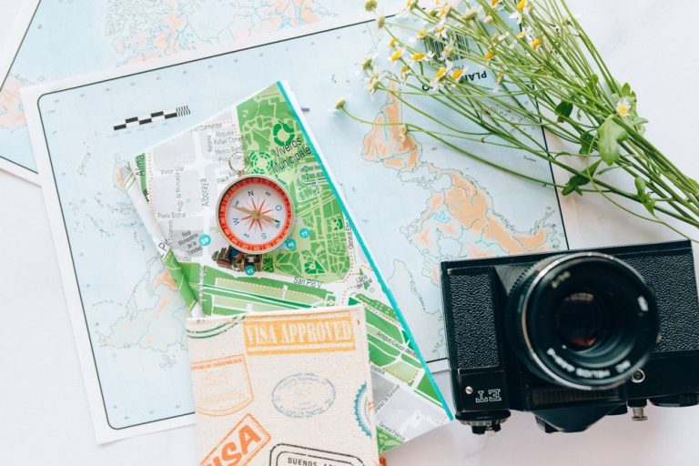 A flat lay of a map, a compass, a camera and dried flowers