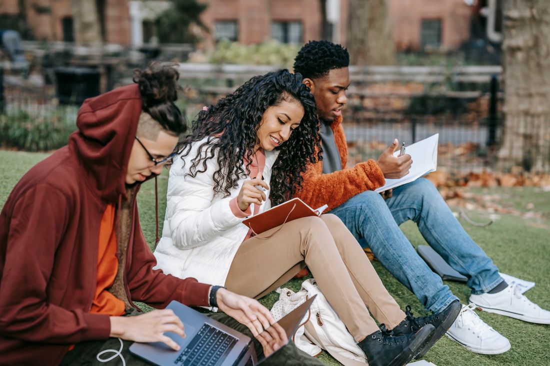 Students sitting on a lawn with a laptop and notes