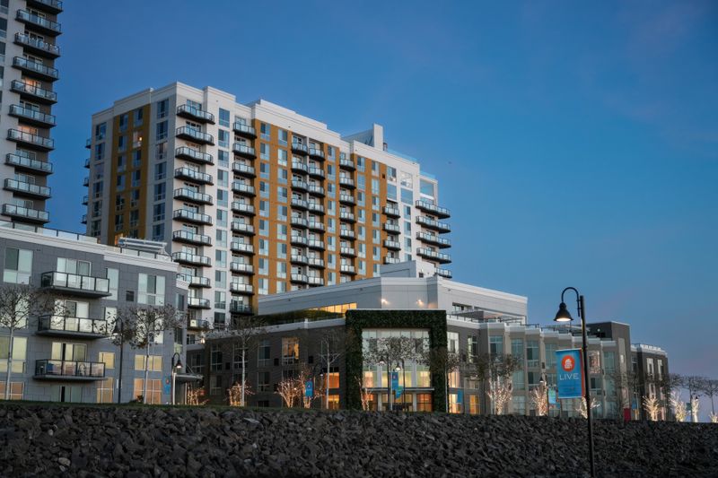 Modern apartment blocks at blue hour
