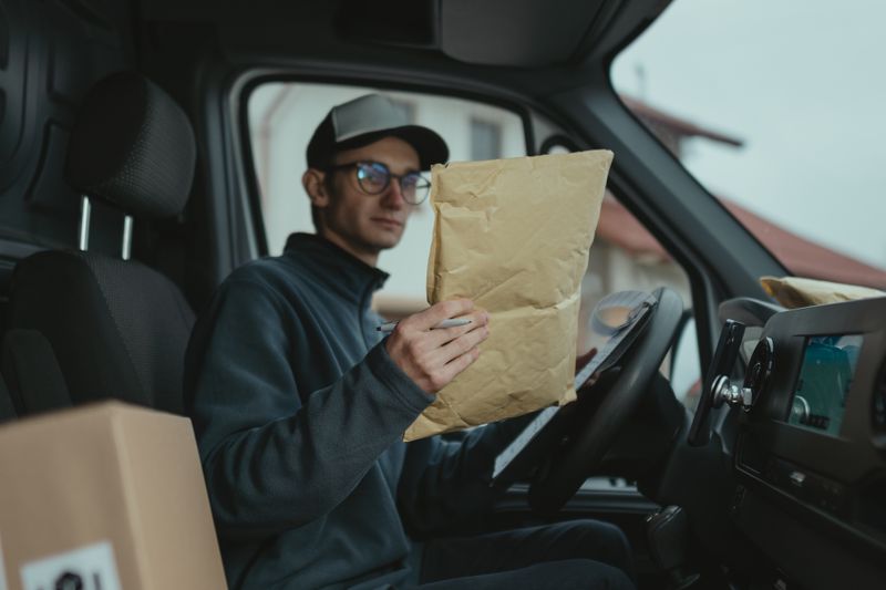 A courier in a van reading a delivery note