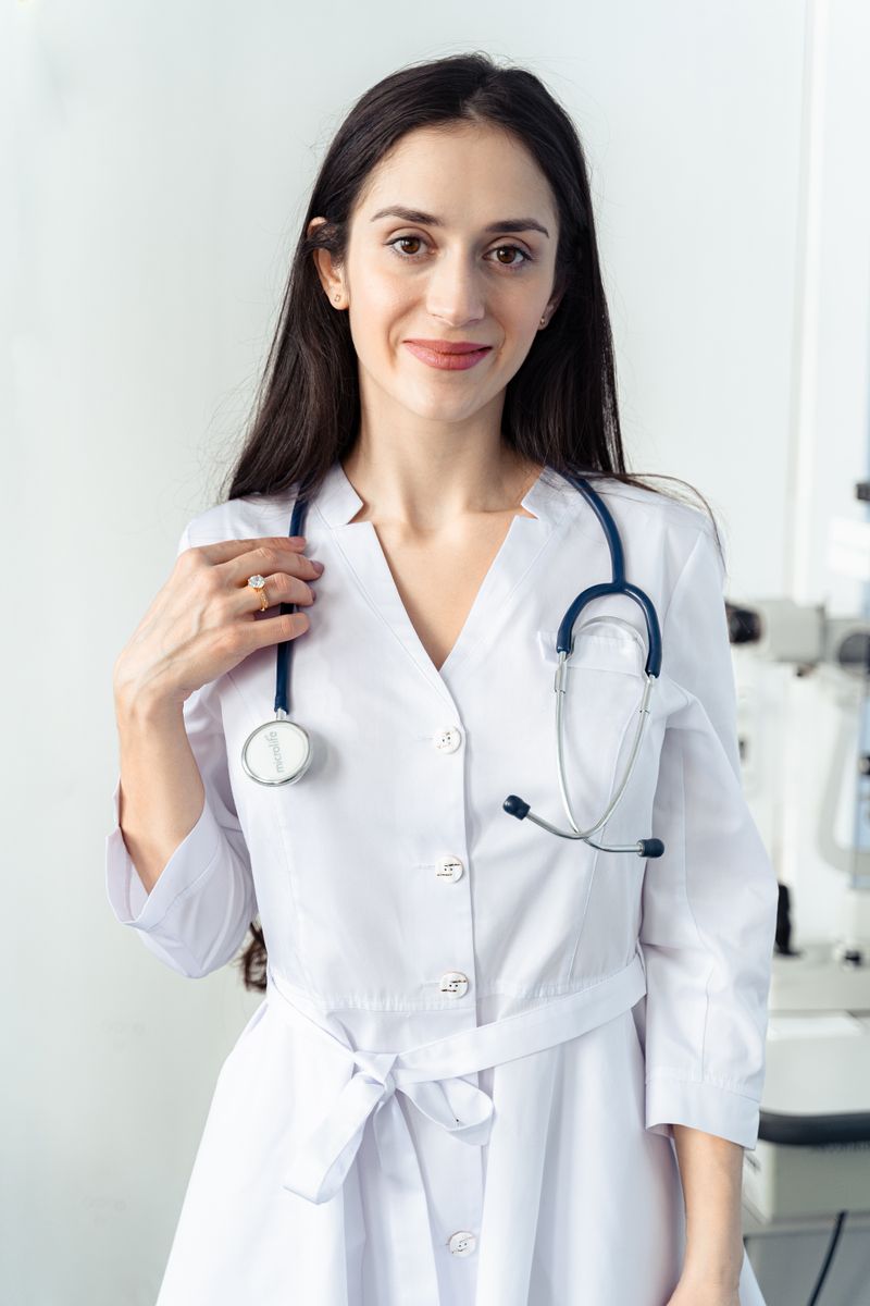 Dr Sofia Marin, Paediatrician, in a white coat with a stethoscope
