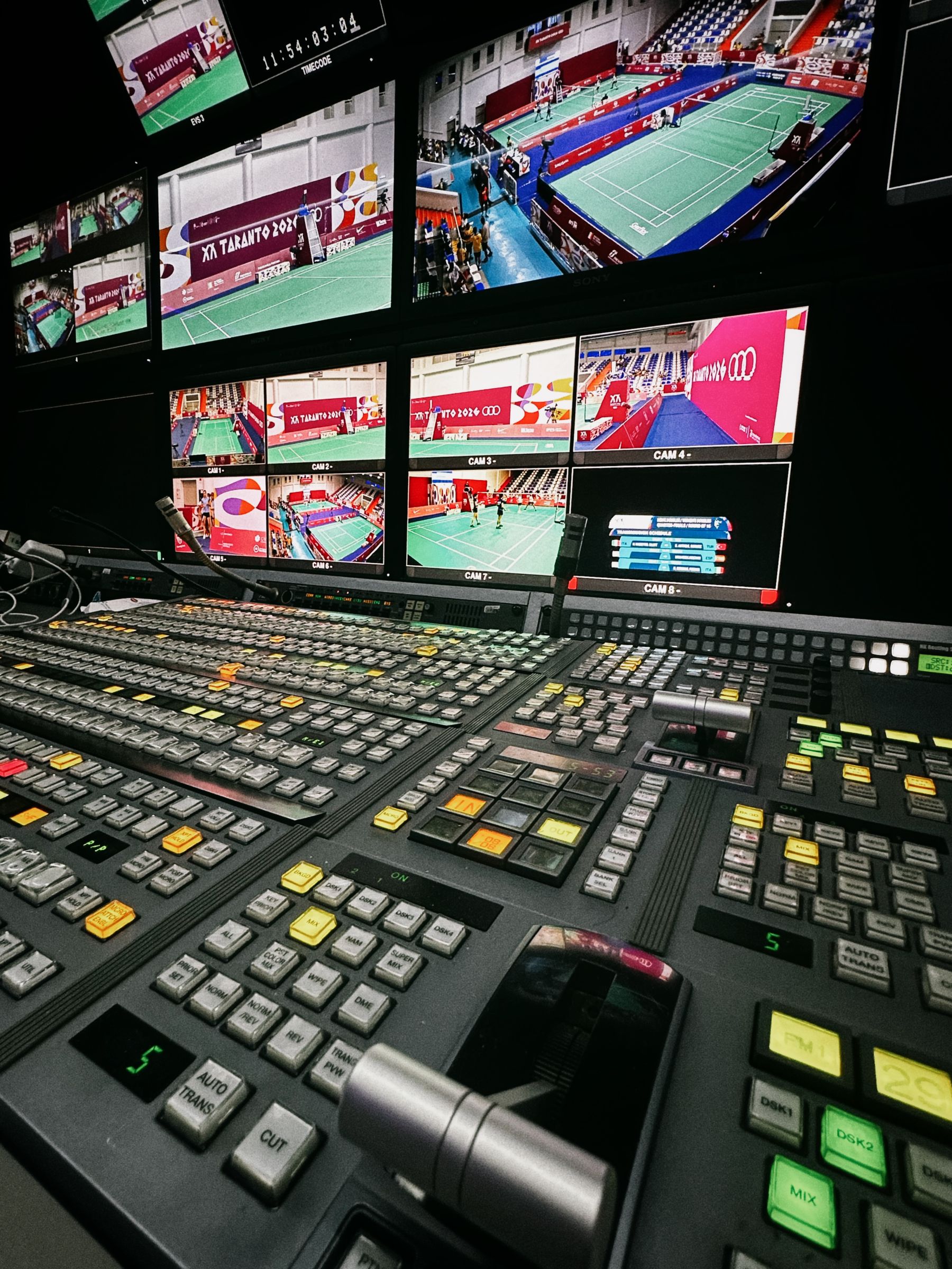 A broadcast control room with a wall of live news screens