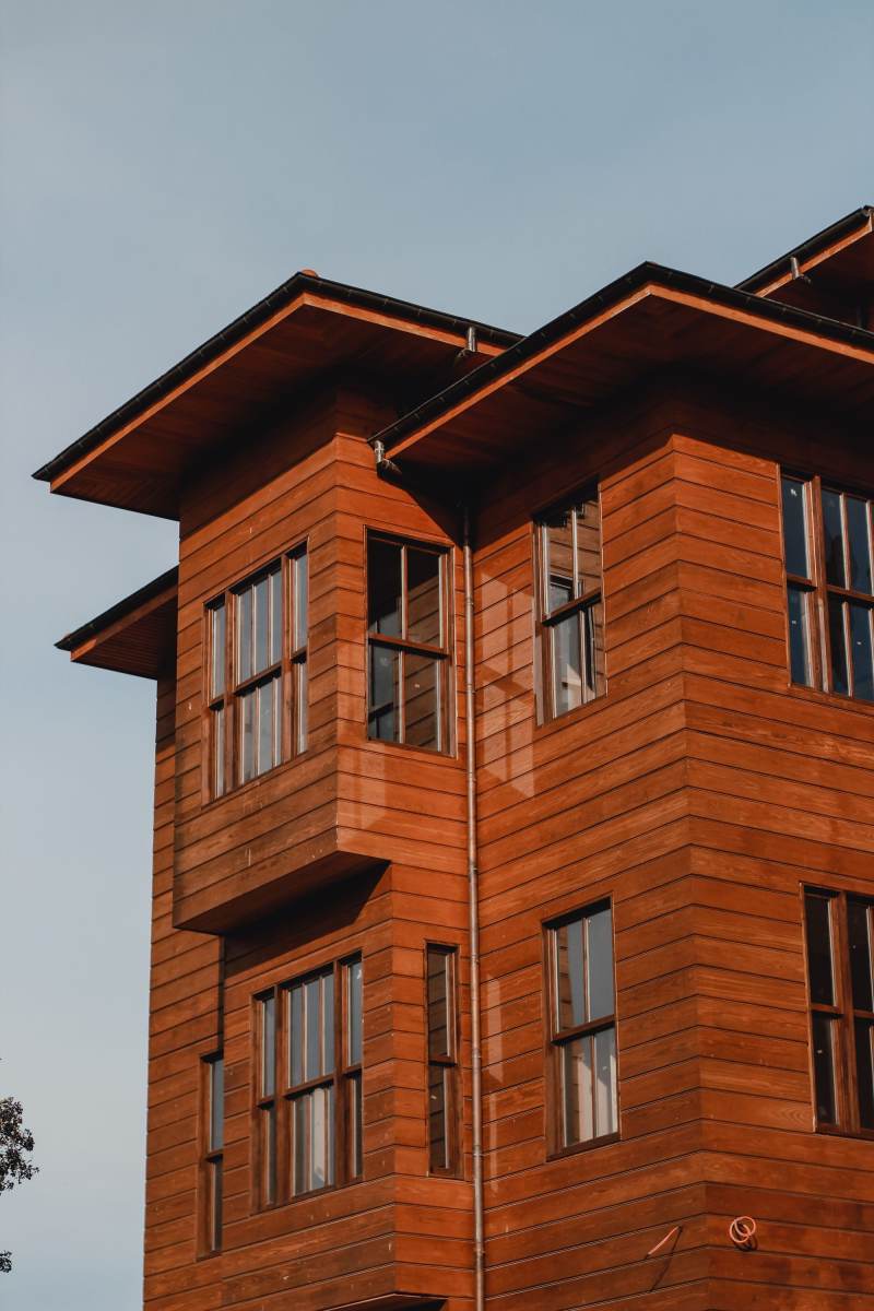 A timber-clad house with a stepped monopitch roof
