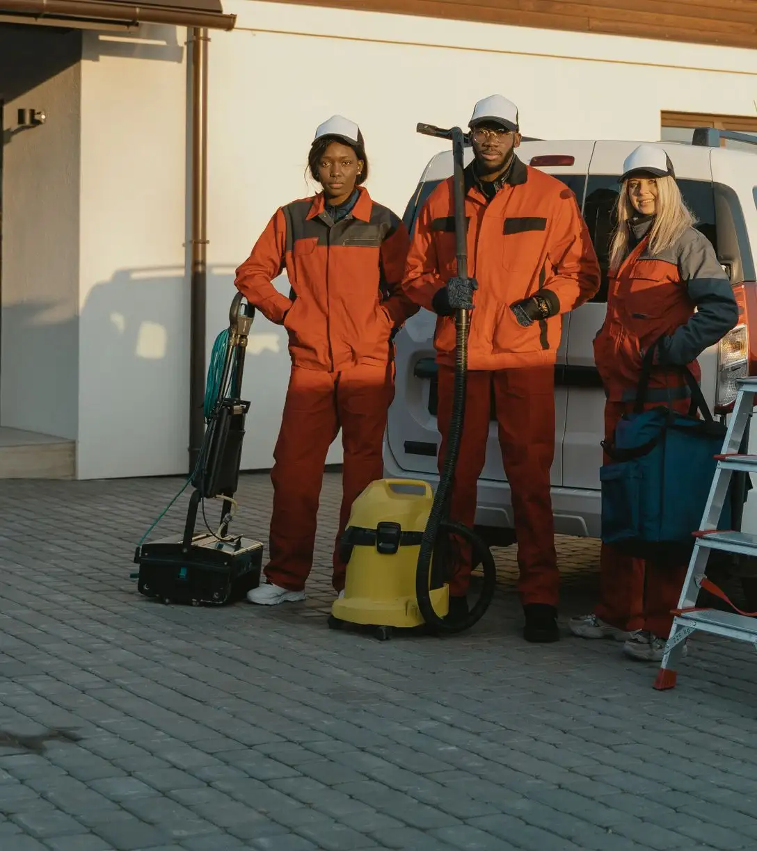 Three cleaners in orange work overalls and caps stand beside a white van with a yellow wet-and-dry vacuum and a blue bag of supplies